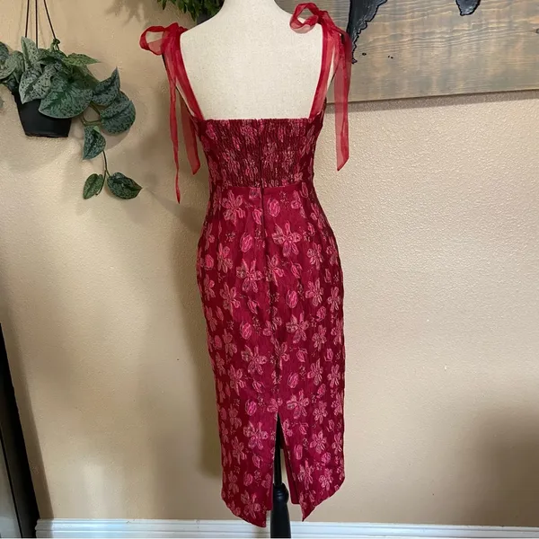 NWOT Lulus Lovely Darling Magenta Floral Jacquard Tie-Strap Midi Dress - Image 7