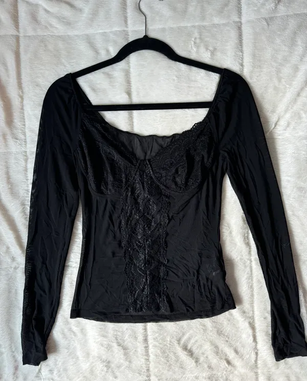 Black Long Sleeve Lace Mesh Top - Image 2