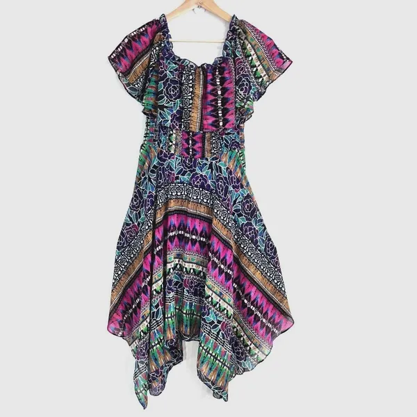 Rabbit Rabbit Designs‎ Handkerchief Hem Dress Womens 10 Multicolor Smocked Boho - Image 4