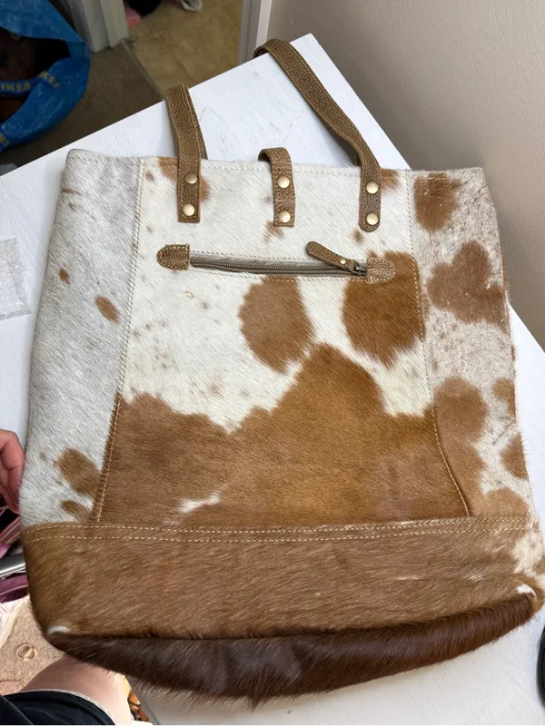 Myra Mesa Trail Hairon Tote Bag Rustic Cowhide Design, Brown Leather Handles - Image 10