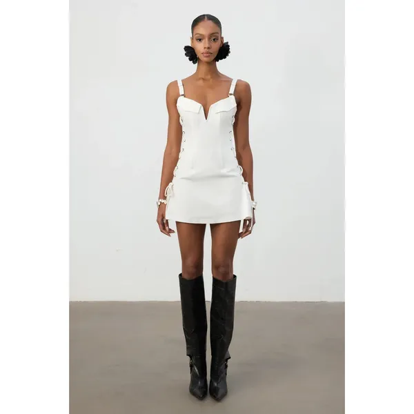 White Lace-Up Side Sweetheart Mini Dress - Image 3