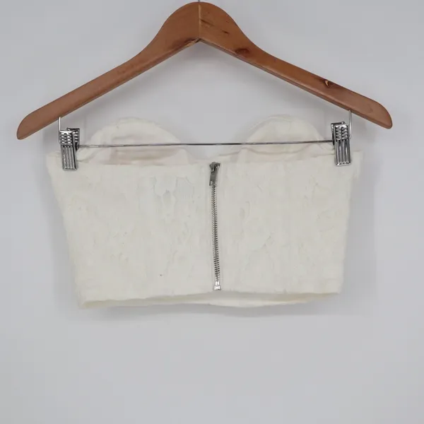 Off White Lace Bustier Crop Top Sweetheart Strapless Zip Back Small - Image 4