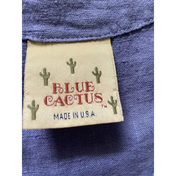 Vintage Blue Cactus Linen Dress Made in USA Boho Painted Print Drop Waist M/L - Image 2