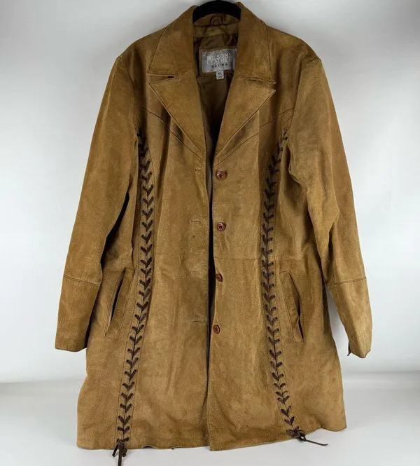 Vintage Wilsons Leather Maxima Brown Suede Trench Coat with Braided Accents - Image 2