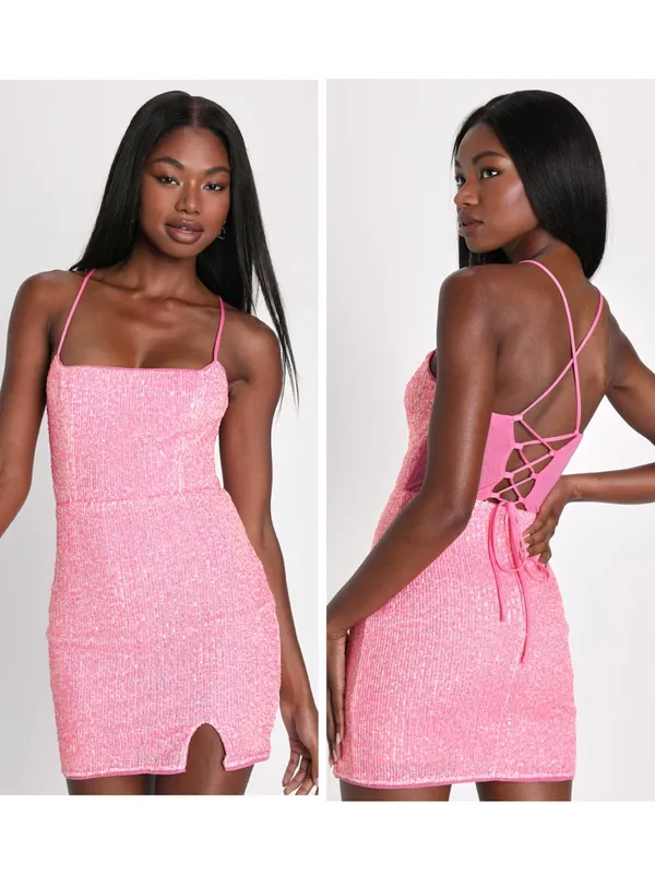 Lulus Bold Aesthetic Hot Pink Sequin Lace-Up Bodycon Mini Dress Size XS Mobwife - Image 2