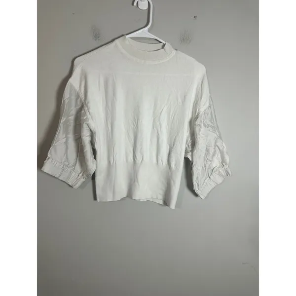 Club Monaco Womens White Mixed Media‎ Puff Sleeve Mock Neck Sweater Small S/P - Image 2