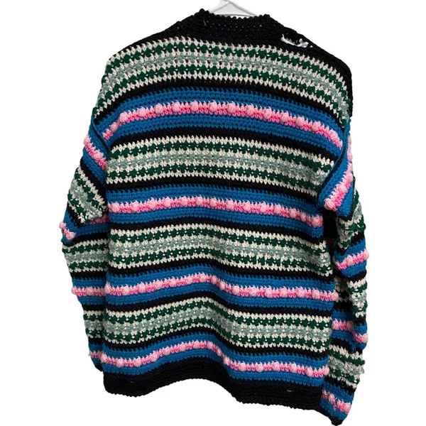Hand Crocheted Striped Cardigan Chunky Knit Grannycore Sweater w/‎ Flaw - Image 2