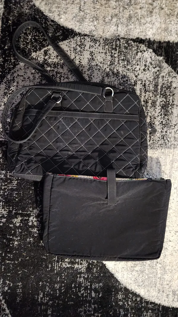 Vera Bradley black diagonal zippered stitch black briefcase/overnight bag with removable laptop sleeve. Bag..15.5" x 11" x 3".. laptop sleeve with velcro closure tab. 14.5" x 10.5" x 2" - Image 2