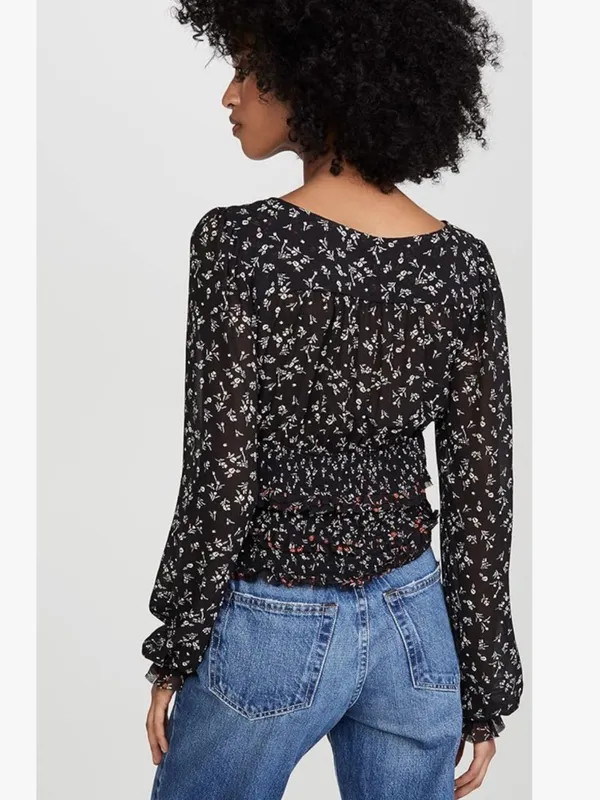 Free People Lolita Long Sleeve Floral Blooms Blouse Black‎ S - Image 3