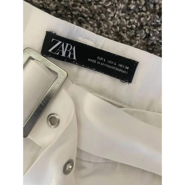 Zara White Satin Cargo high-waisted utilitarian wide leg Trousers With Belt L - Image 2