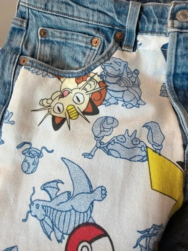 Custom Reworked 1-of-1 Levi's 501 Crop Jeans Pokémon Graphic Leg W26 L26.5 Upcyc - Image 11