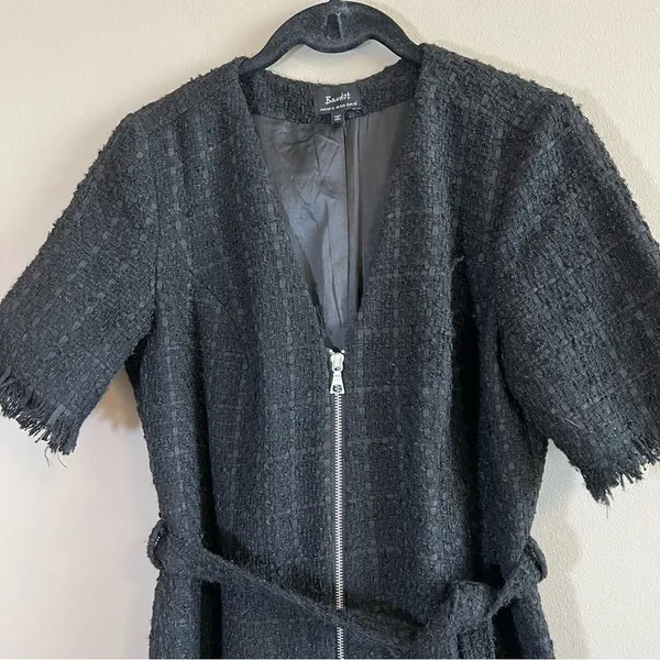 ✨ Bardot Boucle Tweed Zip Front Frayed Hem Dress‎ Medium 8 Black - Image 4