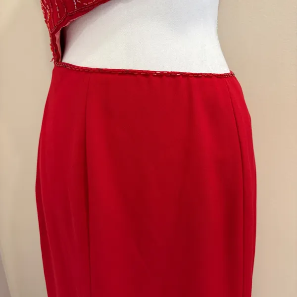 VTG Y2K Showtime Red Beaded Asymmetrical Midriff Cutout Prom Gown Sexy Witch 90s - Image 7