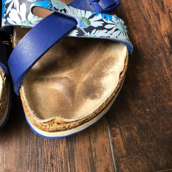 Papillio Birkenstock Blue Floral Tropical Garden Slides Sandals Criss Cross Double Triple Band #Boho #Beach #Vacation #Summer #Resort Women 7 Size 38 - Image 7