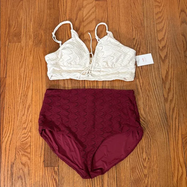 Andie Bikini‎ Set Cabarete Top Super High Waisted Bottom Lace Cream Syrah L NWT - Image 3