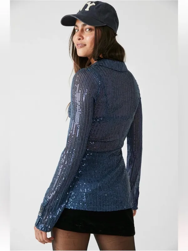 Free People Sequin Shirtee Small Varsity Navy Button Up Party Statement Holiday - Image 4
