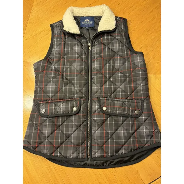 British Khaki Quilted Plaid Vest Sherpa Collar Black Gray Red‎ Women Small - Image 2