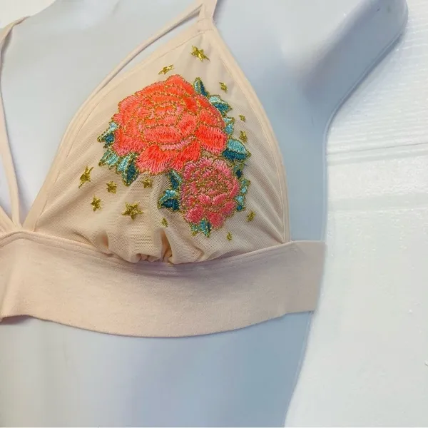 PINK Victoria's Secret Bralette Sz Small Peach Floral Embroidered‎ Star Mesh NEW - Image 7