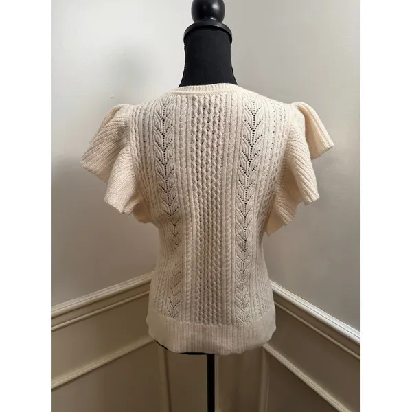 Banana Republic Junie Wool Cable Knit Sweater Cream Ruffle Flutter Cap Sleeve - Image 6