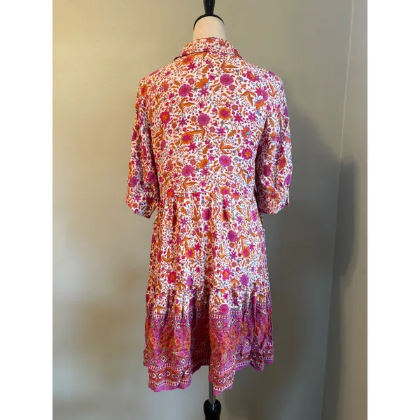 Natural Life Floral Tiered Boho Mini Dress Pink Orange Rayon Small whimsi dainty - Image 6