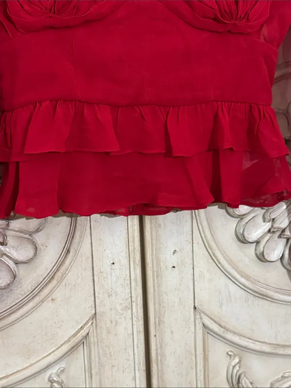 FARM Rio Red Ruffled Sheer Long-Sleeve Peplum Blouse Size Small - Image 7