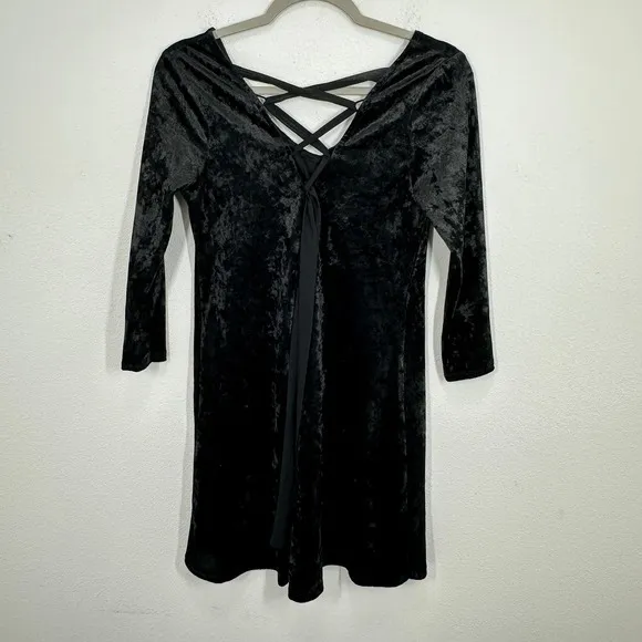 A. Byer 90s Black Crushed Velvet Mini Dress Long Sleeve V Neck Grunge Whimsigoth - Image 6