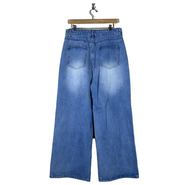 Womens High Rise Pleated Wide Leg Jeans Faded Blue Denim Trousers Size M - Image 4