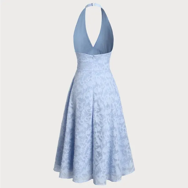 Rihoas Blue Textured Backless Halter Midi Dress - Image 2