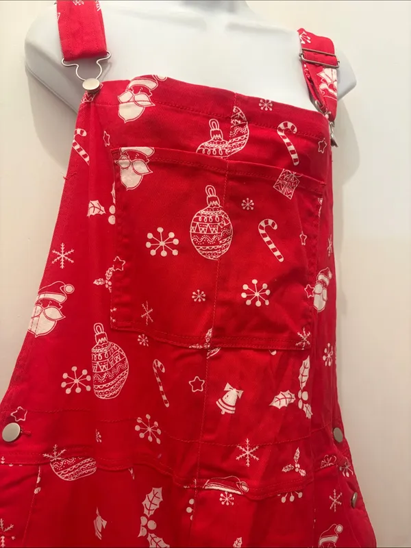 Christmas Red Printed Women’s Jeans Overalls with Holiday Motif size Large new - Image 2