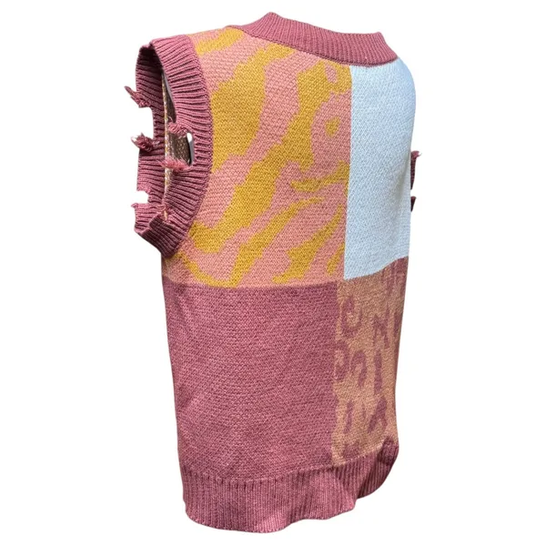 Umgee Wild Ride Sweater Vest Distressed V-Neck Red Brick Animal Print Small - Image 3