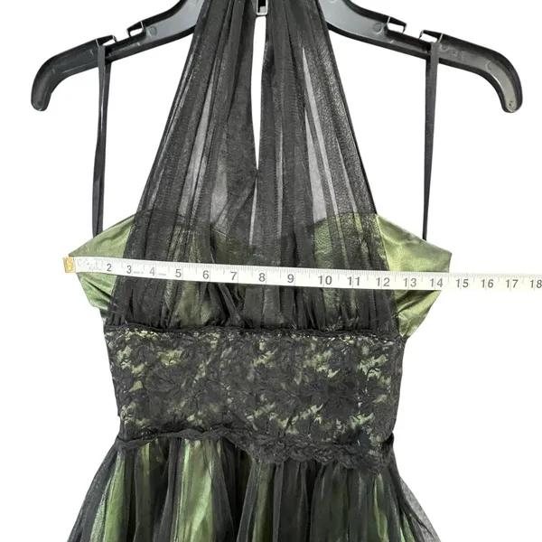 Vintage Y2K Cumbia Dress‎ XS Green Satin Black Mesh Goth Dark Fairy Whimsygoth - Image 5