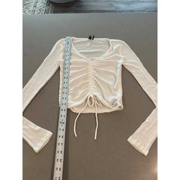 Out From Under White Ribbed Ruched Drawstring‎ V Neck Long Sleeve Cropped Top - Image 2