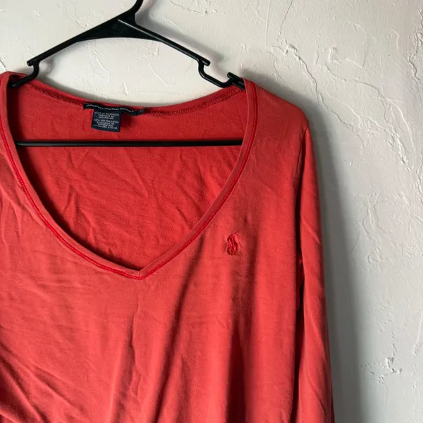 Ralph Lauren Sport Orange Red V-Neck Long‎ Sleeve Cotton Blend Top Size L Preppy - Image 2