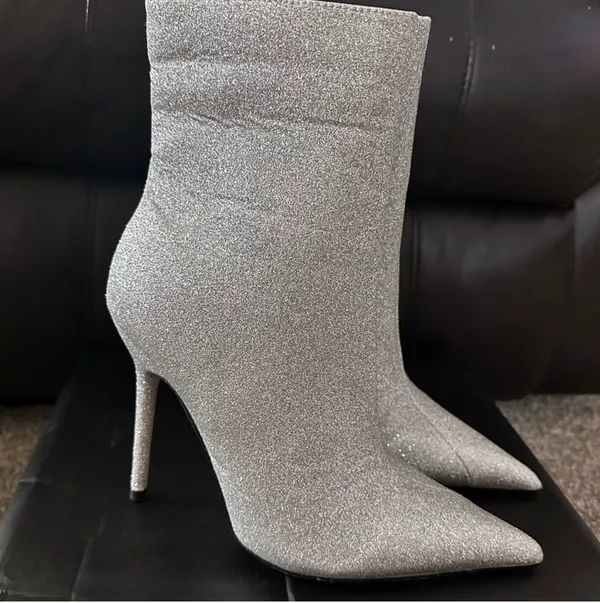 EGO DEVOTED POINTED TOE STILETTO HEEL ANKLE BOOT IN SILVER GLITTER - Image 4