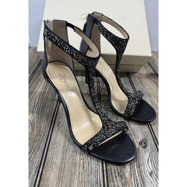 Imagine Vince Camuto BLACK Glitter T-Strap Stiletto Sandal Heels SHOES SZ 8 - Image 2