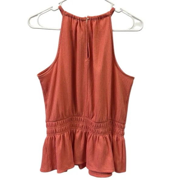 Nine West Peach Sleeveless Halter Keyhole Back Peplum Smocked Tank Top Blouse M - Image 9