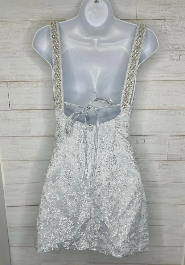 NWOT CIDER Womens Jacquard Floral Pearl Straps Mini Dress in Light Blue Size XS - Image 4