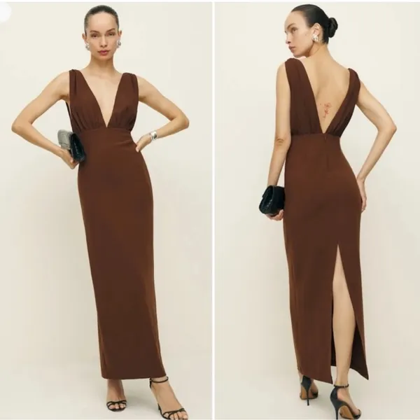 NEW Reformation Velda Deep V sleeveless midi Dress Brown Size 4 - Image 2