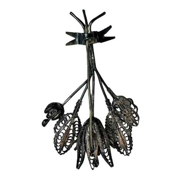 Antique Vtg Delicate Filigree .925 Silver Flower Leaf Bouquet Brooch Pin C Clasp - Image 2