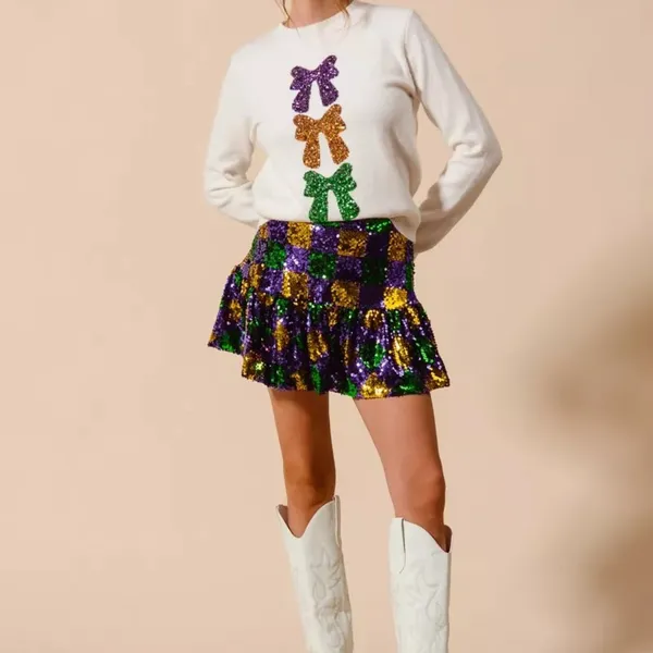 SO‎ ME Mardi Gras Checker Sequins Mini Skirt Size L - Image 3
