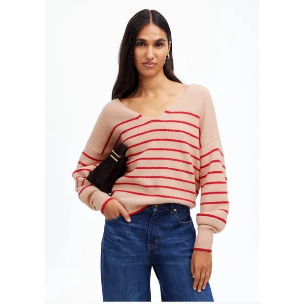 Madewell Wedged V-Neck Sweater Pale Blush Stripe Size Medium‎ - Image 2