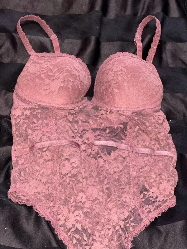 Lace Bustier Teddy Bodysuit in Deep Mauve Purple Size M - Image 2