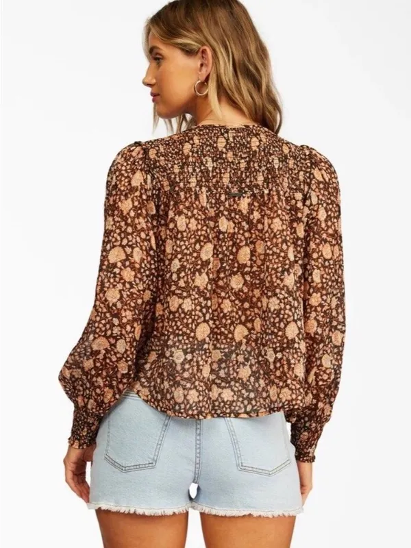 Billabong Desert Daze Floral Peasant Blouse Brown Smocked Long Sleeve Top Medium - Image 2