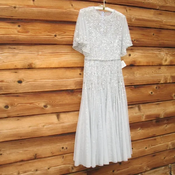 Mac Duggal Light Blue Size 6 Beaded Sequin Rhinestone High Neck MIDI Dress Gown - Image 6