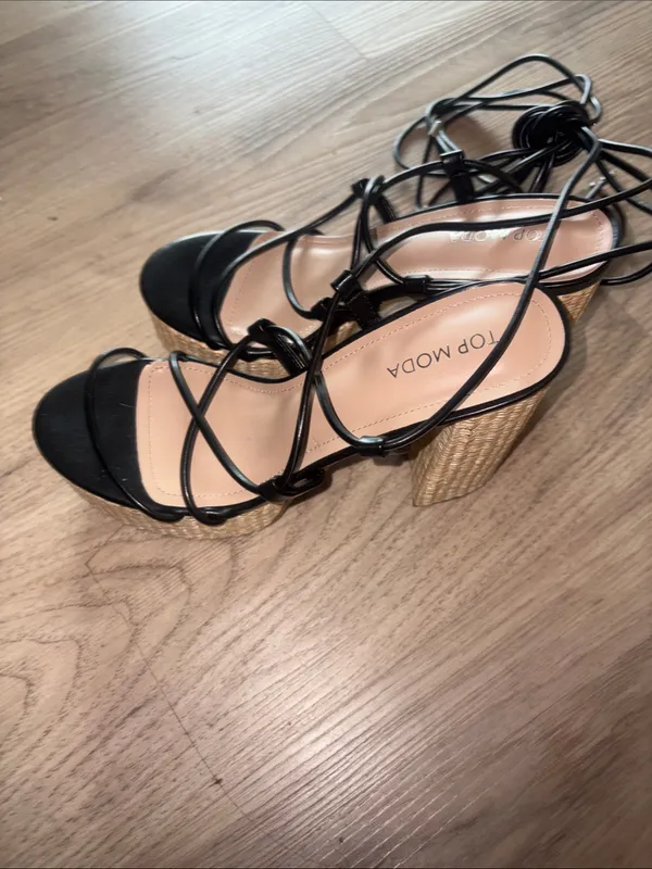 TOP Moda Black Lace-Up Woven Block Heel Sandals size 8.5 - Image 6