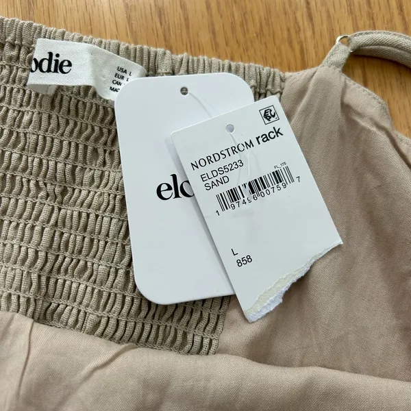 Elodie Linen Blend Cami‎ Mini Dress Tan Beige Ruffle Hem Large NWT - Image 9