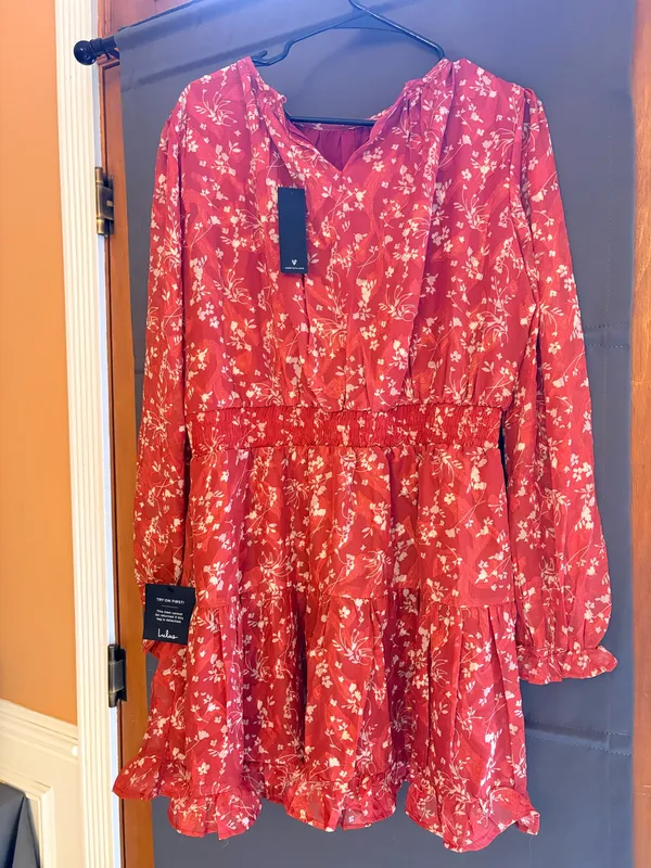 NWT Lulus Too Cute Rust Red Floral Print Smocked Long Sleeve Mini Dress - Image 3