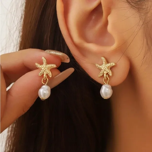 Gold Starfish Pearl Earrings - Image 2