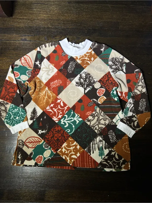 Blair Fleece Autumn Patchwork Print Pullover Sweatshirt White Mockneck Collar XL - Image 3