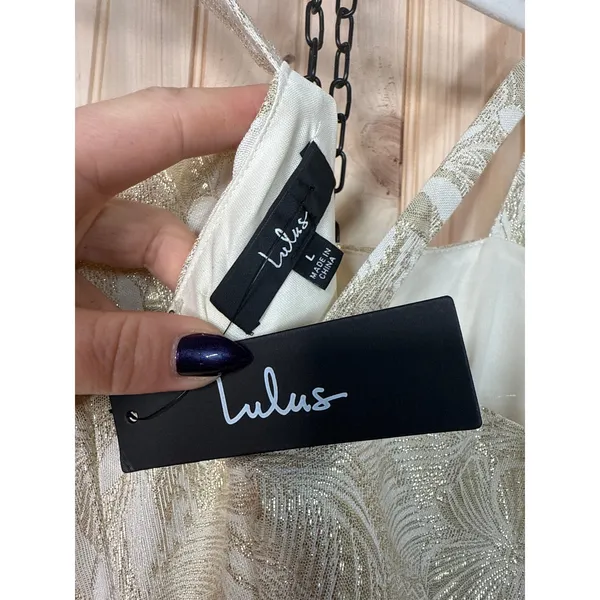 NWT Lulus Shine for Us Cream Metallic Tropical Jacquard Mini Dress Glam Party L - Image 8